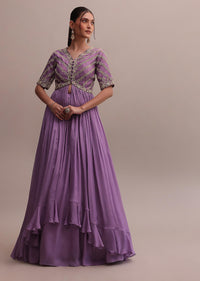 Lavender Purple Sequin Embroidered Front Long Slit Indowestern Set With Lehenga