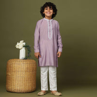 Lavender Purple Silk Kurta And Pant Set With Threadwork