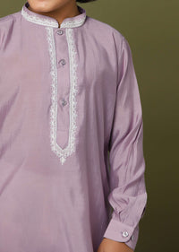 Lavender Purple Silk Kurta And Pant Set With Threadwork