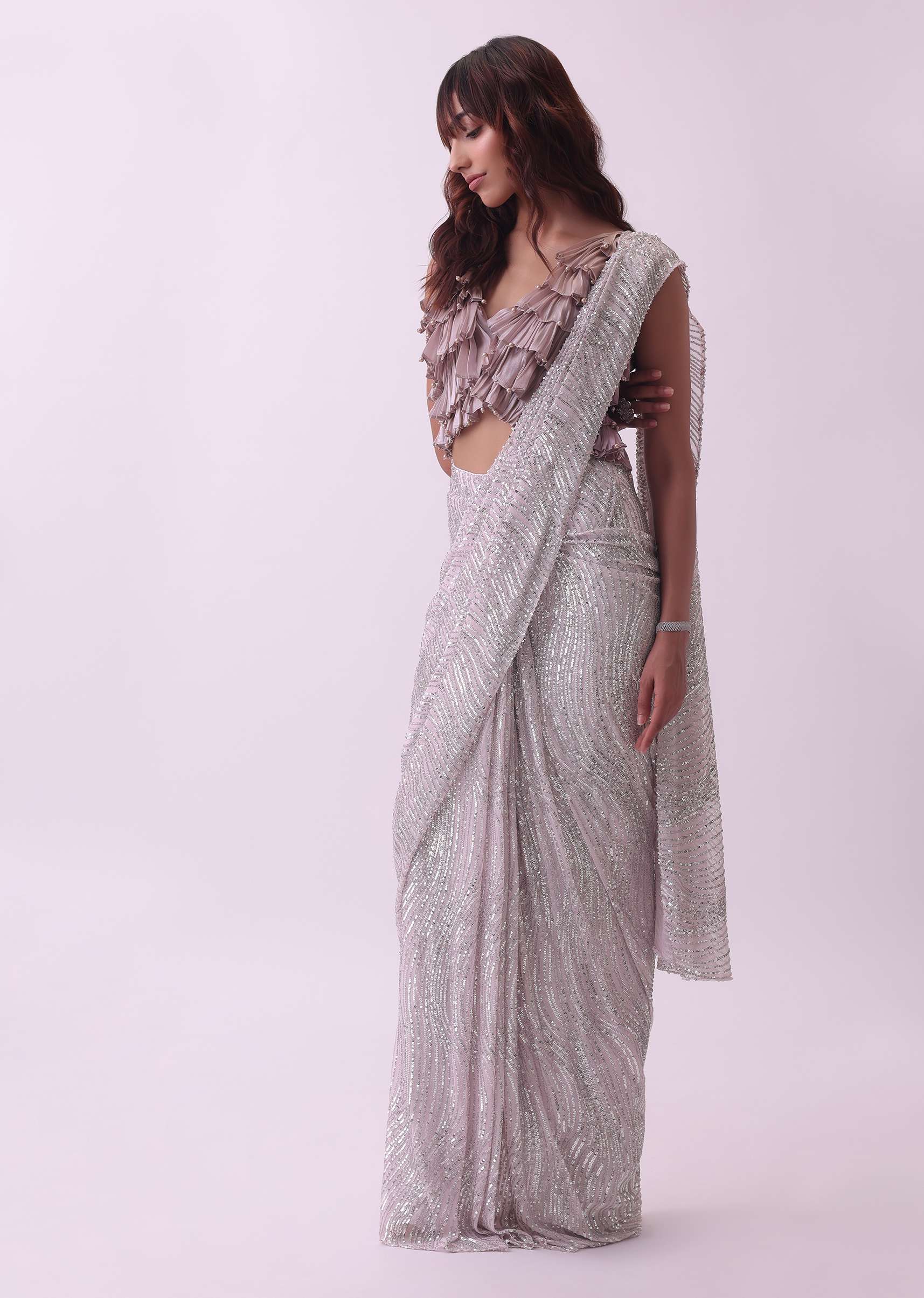 Lavender Purple Pre Stitched Sequins Saree With Layered Frill Blouse