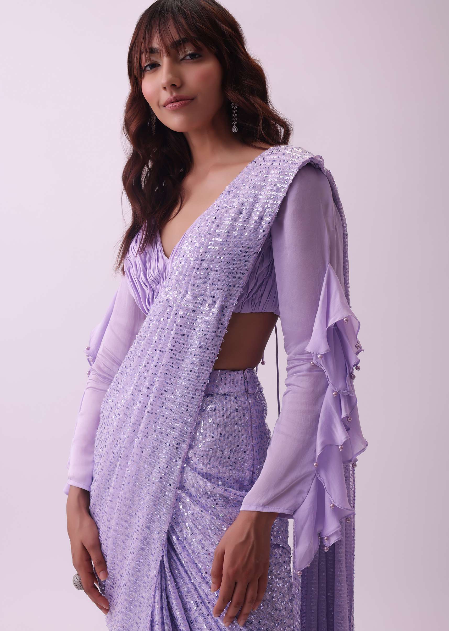 Lavender Purple Pre Stitched Cocktail Saree With Rushing Blouse