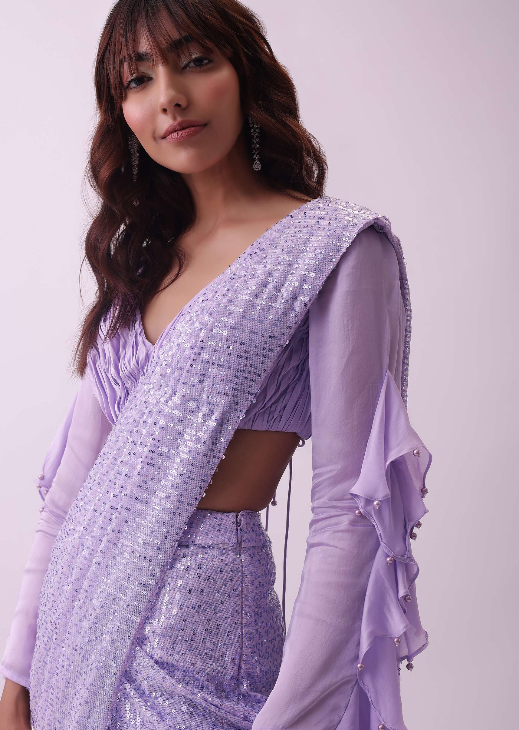 Lavender Purple Pre Stitched Cocktail Saree With Rushing Blouse