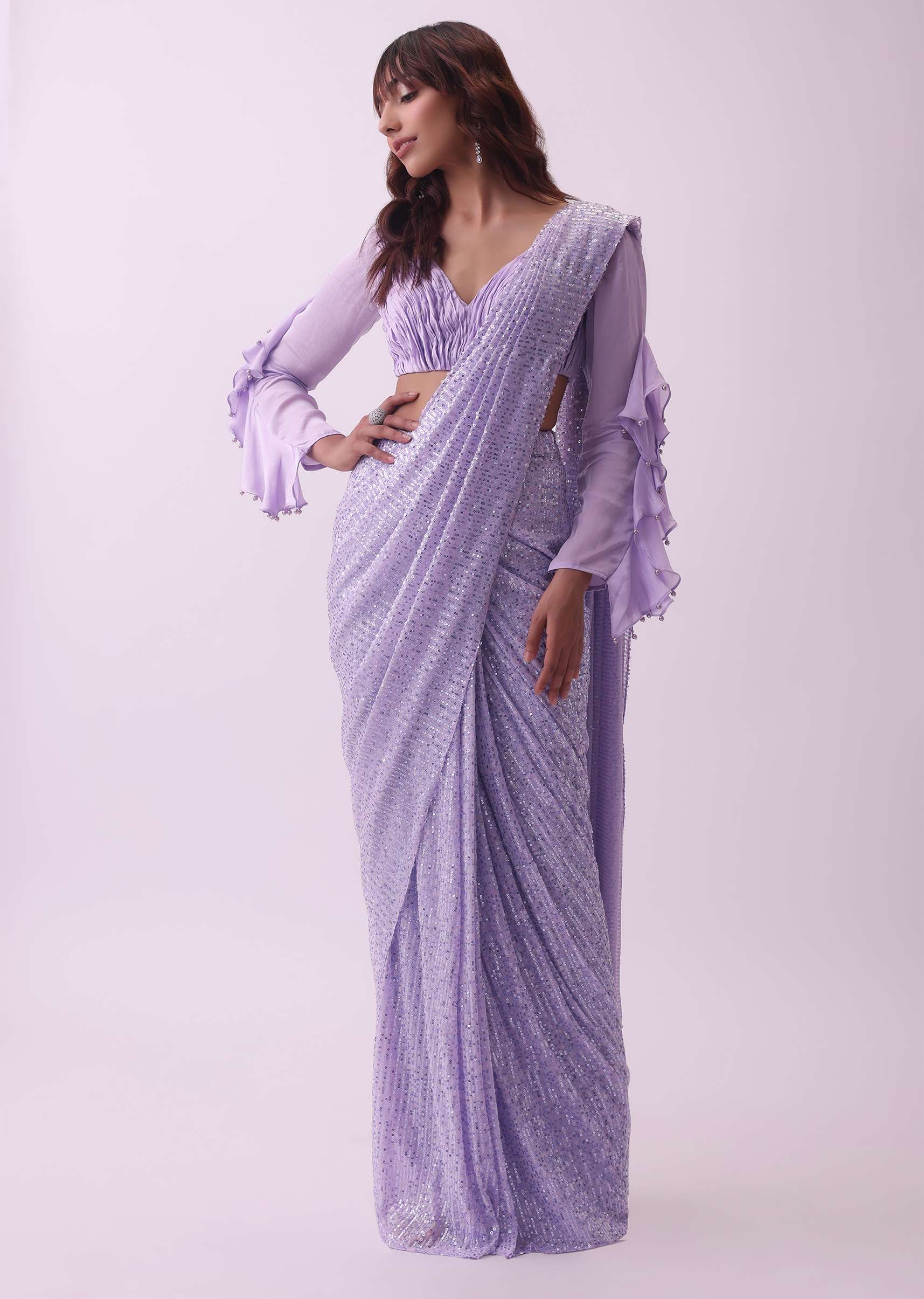 Lavender Purple Pre Stitched Cocktail Saree With Rushing Blouse