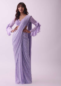 Lavender Purple Pre Stitched Cocktail Saree With Rushing Blouse