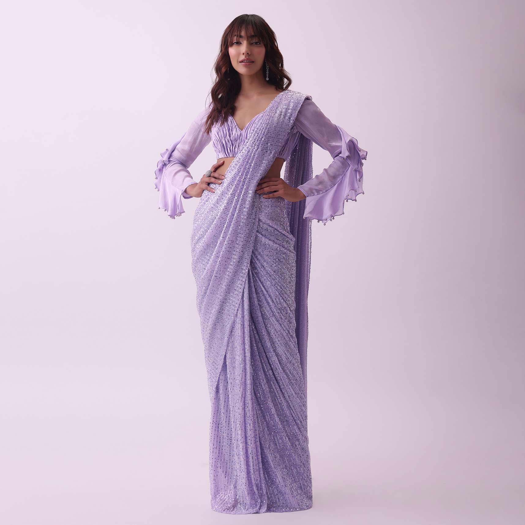 Lavender Purple Pre Stitched Cocktail Saree With Rushing Blouse