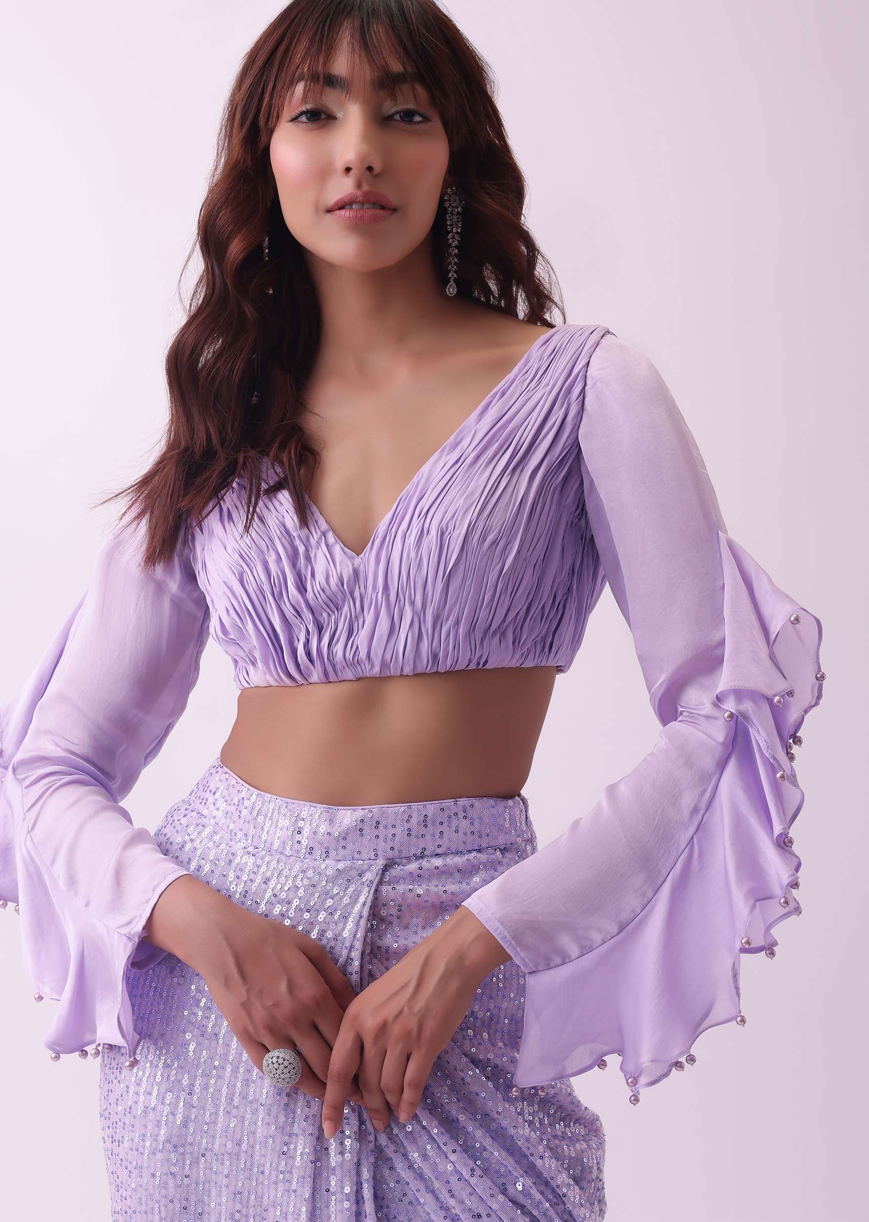 Lavender Purple Pre Stitched Cocktail Saree With Rushing Blouse