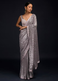 Lavender Ready Pleated Saree In Net With Sequin Embellished Stripes And Velvet Crop Top With Sequins On The Shoulders