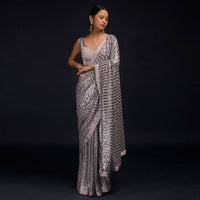 Lavender Ready Pleated Saree In Net With Sequin Embellished Stripes And Velvet Crop Top With Sequins On The Shoulders
