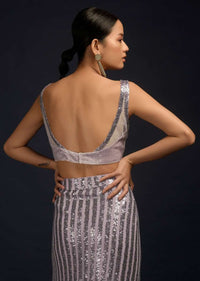 Lavender Ready Pleated Saree In Net With Sequin Embellished Stripes And Velvet Crop Top With Sequins On The Shoulders