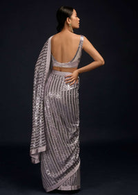 Lavender Ready Pleated Saree In Net With Sequin Embellished Stripes And Velvet Crop Top With Sequins On The Shoulders