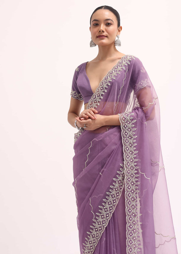 Lavender Scallop Border Saree With Unstitched Blouse