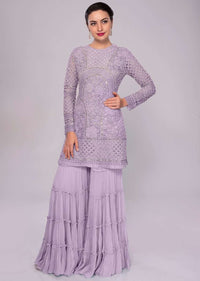 Lavender Sharara Suit In Embroidered Net With Self Resham Jaal Embroidery Online - Kalki Fashion