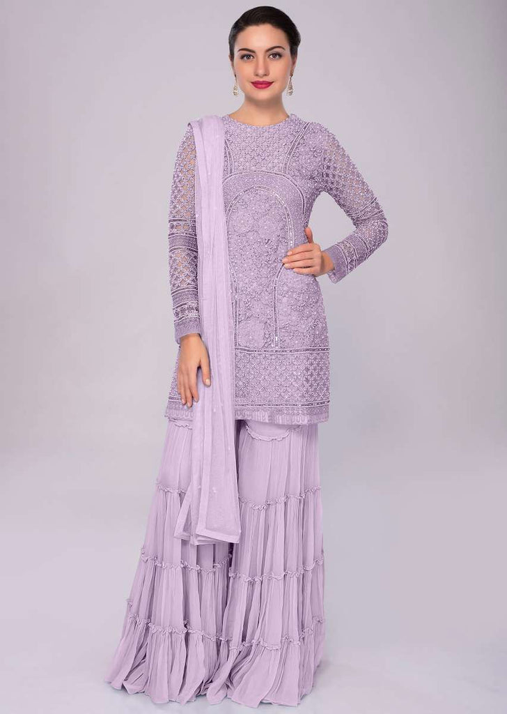 Lavender Sharara Suit In Embroidered Net With Self Resham Jaal Embroidery Online - Kalki Fashion