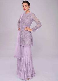 Lavender Sharara Suit In Embroidered Net With Self Resham Jaal Embroidery Online - Kalki Fashion