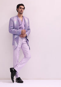 Lavender Shimmer Lapel Tuxedo With Pleated Shirt And Pants