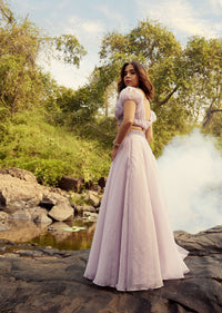 Lavender Purple Skirt And Crop Top With Puffed Cold Shoulder Sleeves And Ruching Detail