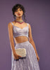 Lavender Skirt And Crop Top Embellished In Sequins With Attached Drape On The Back