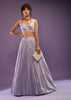 Lavender Skirt And Crop Top Embellished In Sequins With Attached Drape On The Back