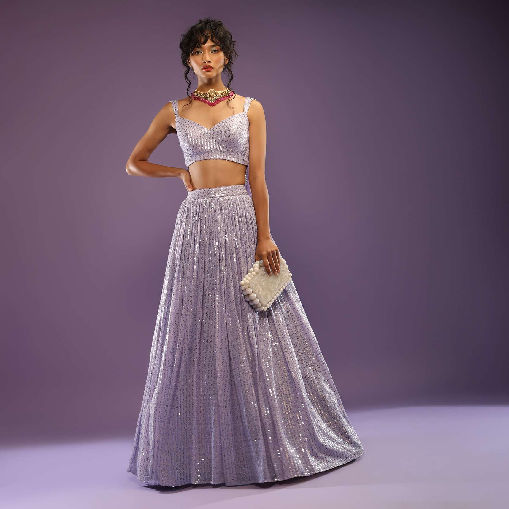 Lavender Skirt And Crop Top Embellished In Sequins With Attached Drape On The Back