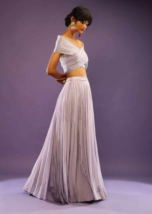 Lavender Skirt And Crop Top With Cut Dana Embroidery And Pleated Wrap Around Drape