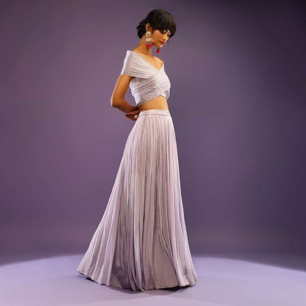 Lavender Skirt And Crop Top With Cut Dana Embroidery And Pleated Wrap Around Drape