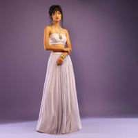 Lavender Skirt And Tube Bandeau Crop Top With Cut Dana Embroidered Buttis