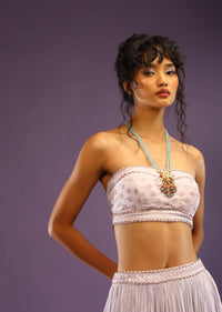 Lavender Skirt And Tube Bandeau Crop Top With Cut Dana Embroidered Buttis
