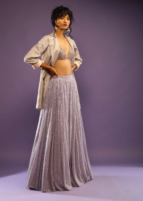 Lavender Sequins Skirt With Embroidered Crop Top And Gold Shimmer Blazer Jacket