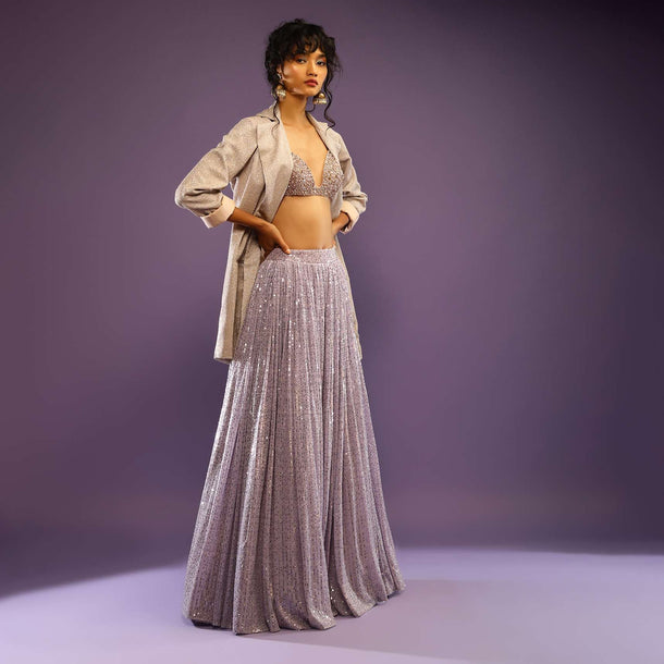 Lavender Sequins Skirt With Embroidered Crop Top And Gold Shimmer Blazer Jacket