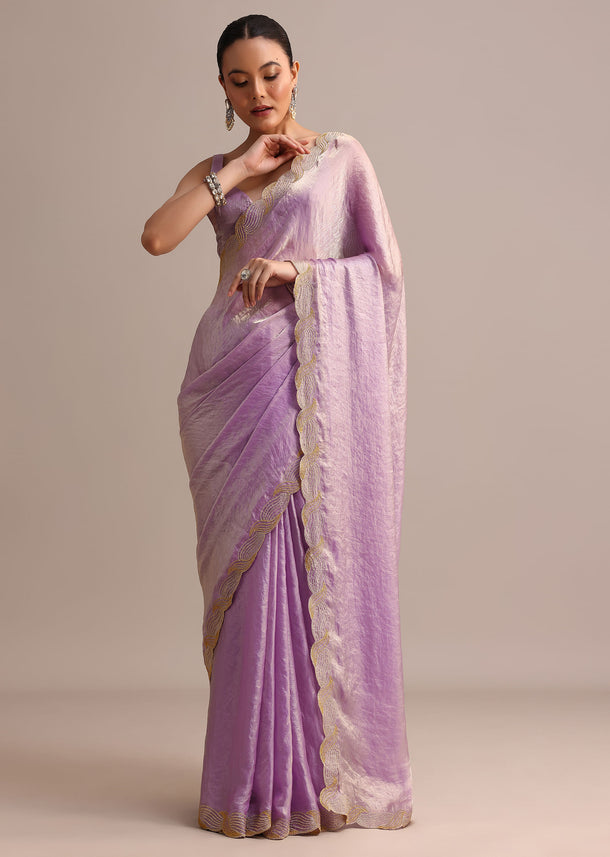 Lavender Tissue Saree With Zari Embroidered Border