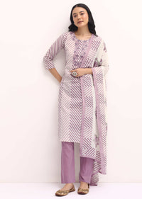 Lavender Zig Zag Printed Cotton Kurta Set With Dupatta