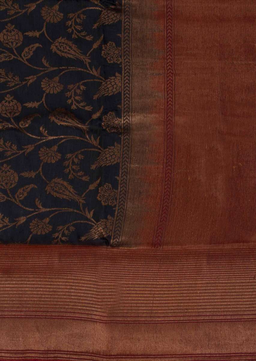 Lead grey banarasi silk saree in weaved floral motif