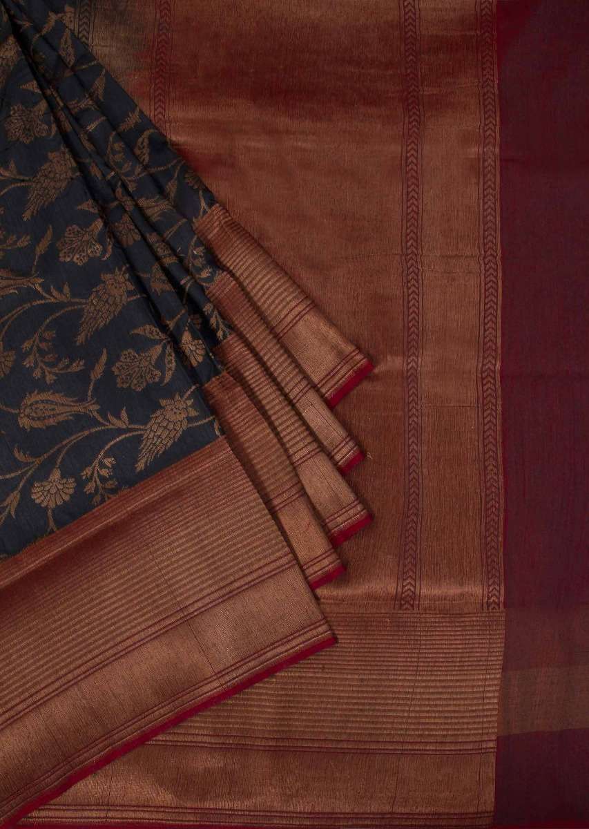 Lead grey banarasi silk saree in weaved floral motif