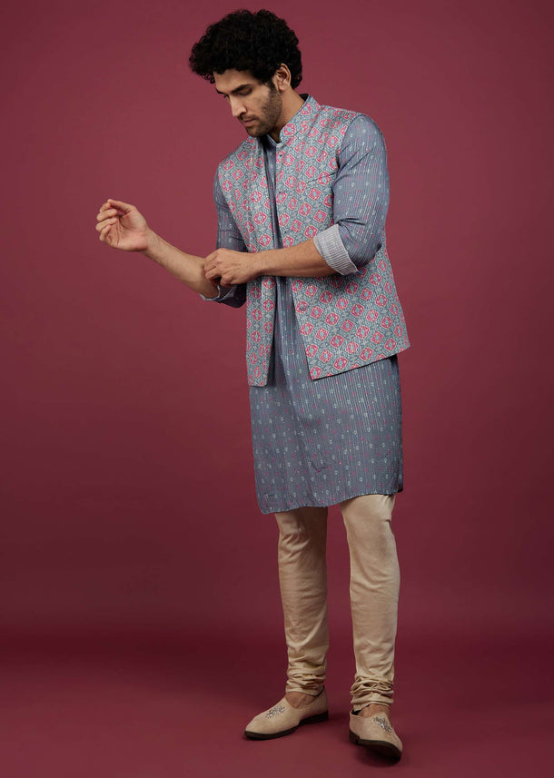 Mauve Purple Silk Printed Bandi And Kurta Set With Zari Work