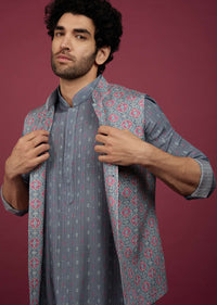 Mauve Purple Silk Printed Bandi And Kurta Set With Zari Work