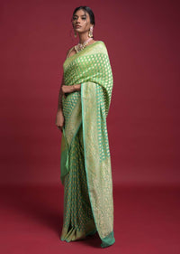 Leaf Green And Turq Shaded Saree In Georgette With Weaved Buttis Online - Kalki Fashion