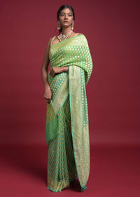 Leaf Green And Turq Shaded Saree In Georgette With Weaved Buttis Online - Kalki Fashion