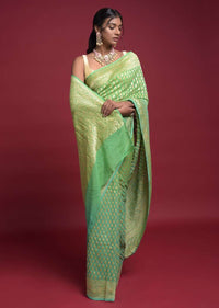 Leaf Green And Turq Shaded Saree In Georgette With Weaved Buttis Online - Kalki Fashion