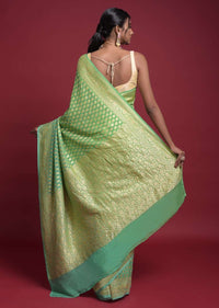 Leaf Green And Turq Shaded Saree In Georgette With Weaved Buttis Online - Kalki Fashion