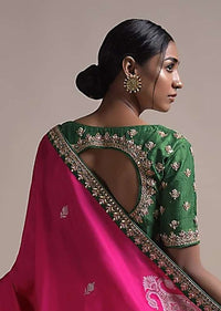 Leaf Green Blouse In Raw Silk With Zardosi Embroidered Buttis And Round Neckline