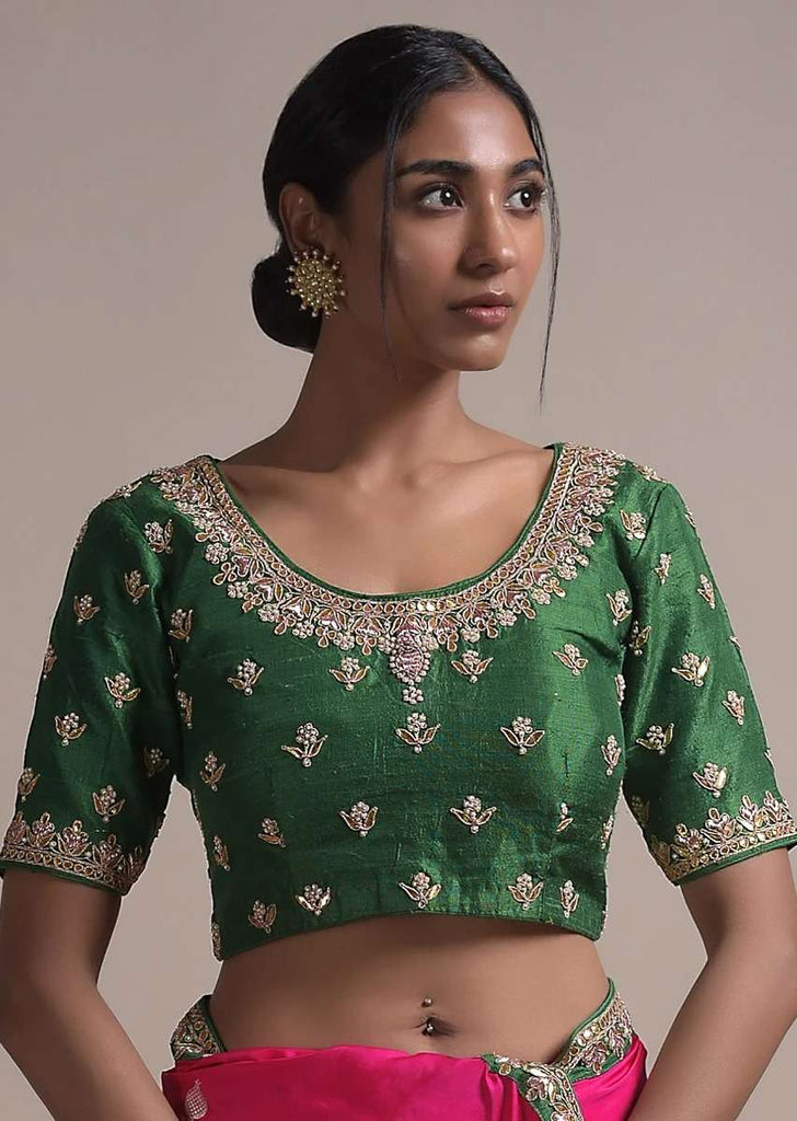 Leaf Green Blouse In Raw Silk With Zardosi Embroidered Buttis And Round Neckline