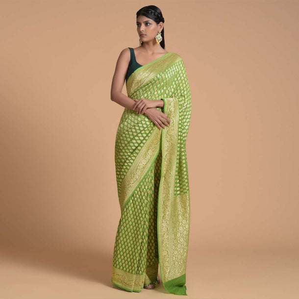 Leaf Green Saree In Georgette With Brocade Weaved Leaf Shaped Buttis Online - Kalki Fashion