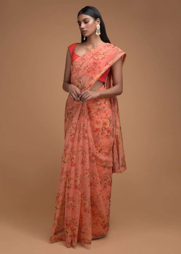 Lei Flower Peach Saree In Organza With Floral Print And Cut Dana Trim On The Border Online - Kalki Fashion