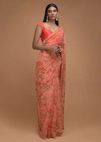 Lei Flower Peach Saree In Organza With Floral Print And Cut Dana Trim On The Border Online - Kalki Fashion