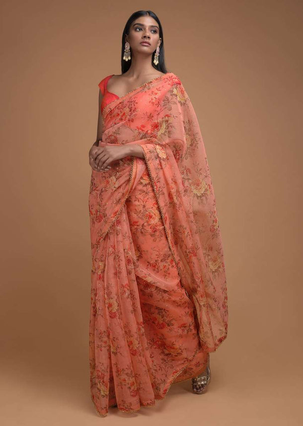 Lei Flower Peach Saree In Organza With Floral Print And Cut Dana Trim On The Border Online - Kalki Fashion