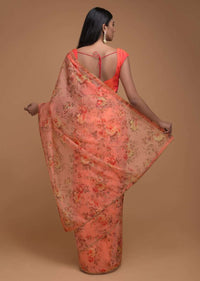Lei Flower Peach Saree In Organza With Floral Print And Cut Dana Trim On The Border Online - Kalki Fashion