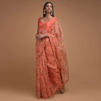 Lei Flower Peach Saree In Organza With Floral Print And Cut Dana Trim On The Border Online - Kalki Fashion