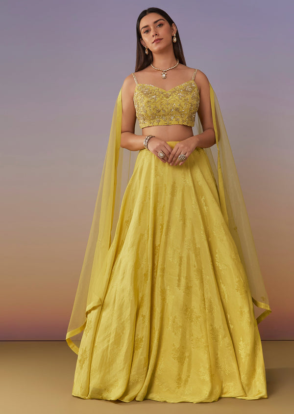 Lemon Yellow Banarasi Lehenga Set With Sequin And Lace Detailing