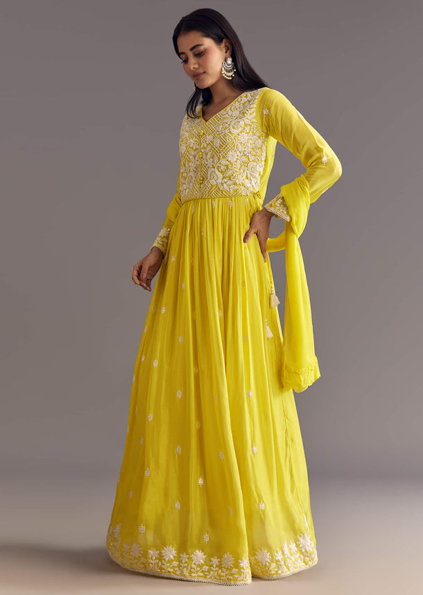 Lemon Yellow Chinon Anarkali With Moti And Sequins Embroidery