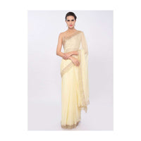 Lemon yellow georgette saree with cut out border only on Kalki